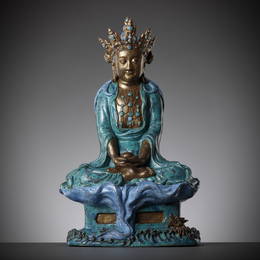 A VERY LARGE 'ROBIN'S EGG' ENAMELED AND GILT PORCELAIN FIGURE OF AMITAYUS, QIANLONG TO JIAQING