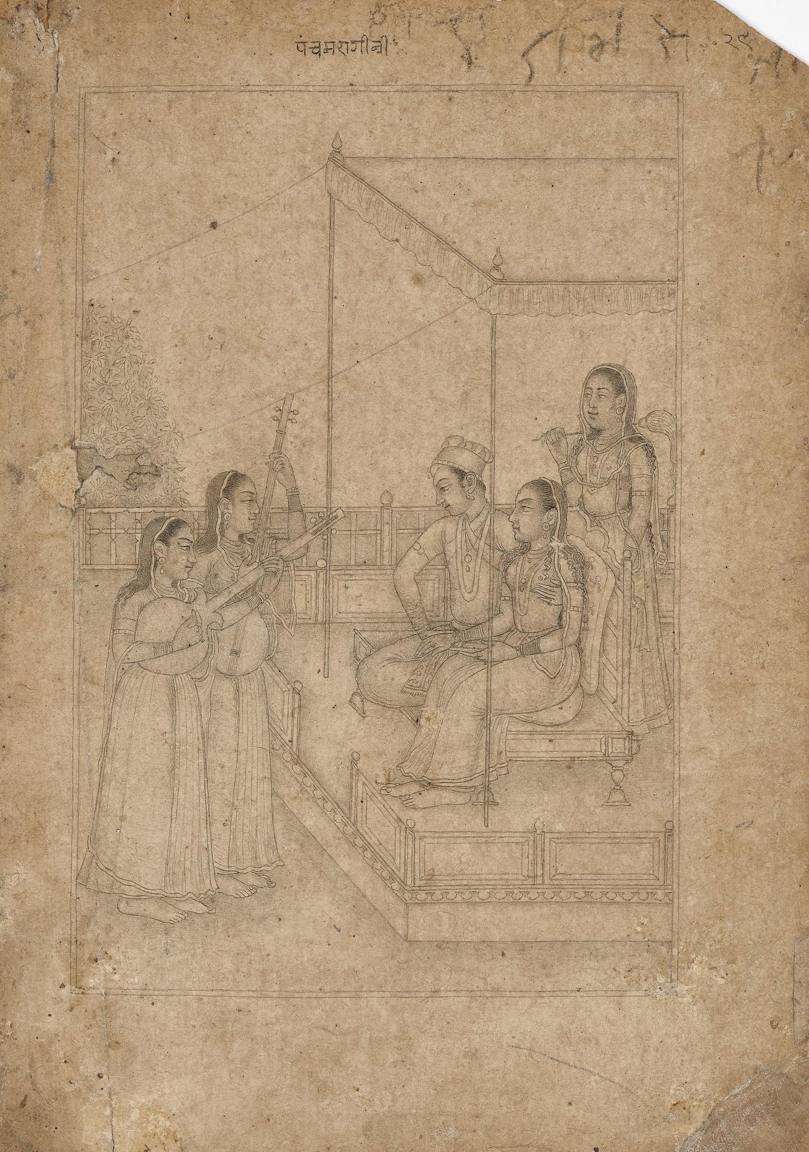 AN INDIAN MINIATURE DRAWING OF A PRINCE AND PRINCESS ENJOYING A MUSIC RECITAL (1 of 12)