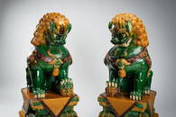 A VERY LARGE SANCAI-GLAZED PAIR OF BUDDHIST LIONS, QING