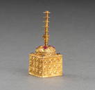 A BURMESE STUPA-SHAPED GOLD BOX INSET WITH RUBIES