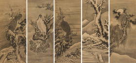 SOGA SHOHAKU (1730-1781): AN IMPORTANT SET OF FIVE SCROLL PAINTINGS WITH BIRDS OF PREY