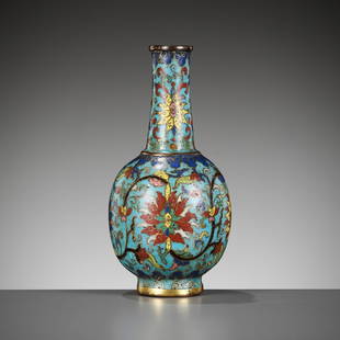 AN IMPERIAL CLOISONNE ENAMEL 'LOTUS' BOTTLE VASE, QIANLONG FIVE-CHARACTER MARK AND OF THE PERIOD: AN IMPERIAL CLOISONNE ENAMEL 'LOTUS' BOTTLE VASE, QIANLONG FIVE-CHARACTER MARK AND OF THE PERIOD