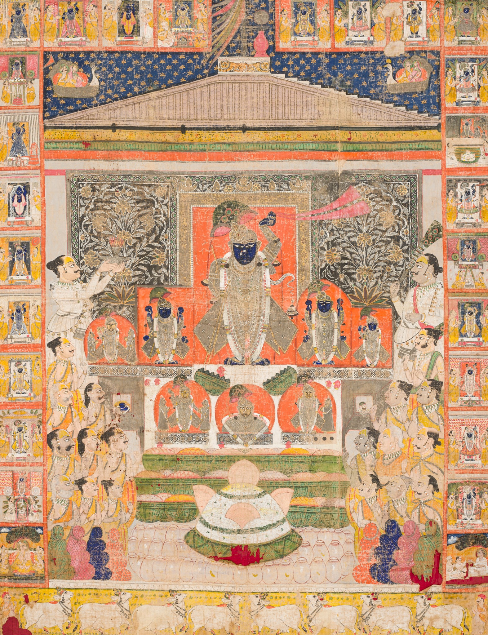 A PICCHVAI DEPICTING SHRI NATHJI BEING WORSHIPPED DURING ANNAKUT, THE FESTIVAL OF FIFTY-SIX (1 of 10)