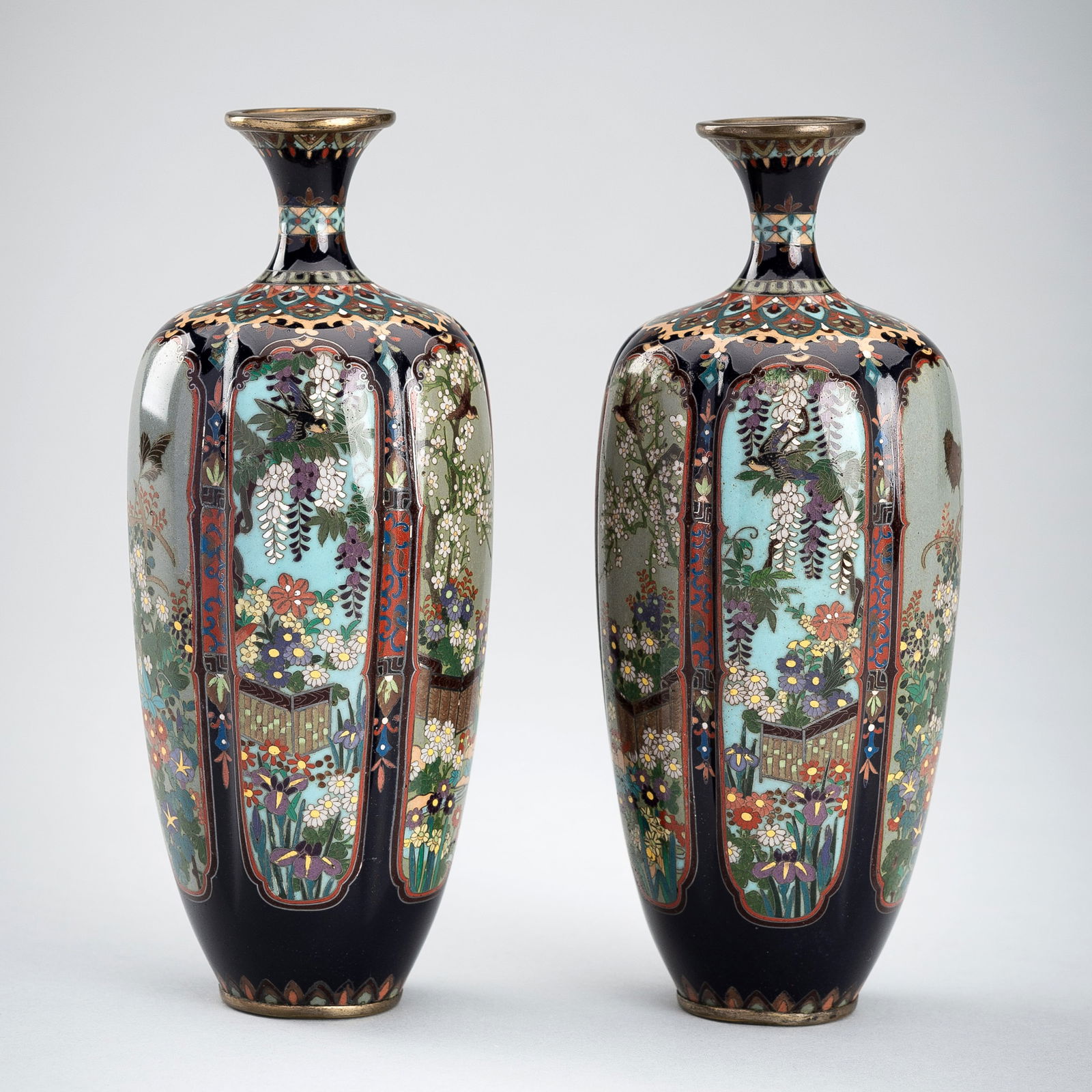 A PAIR OF SMALL HEXAGONAL CLOISONNE VASES WITH FLORAL PANELS (1 of 11)