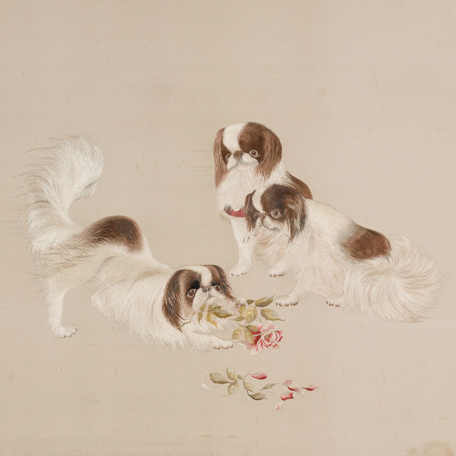 A FINE AND LARGE SILK-EMBROIDERED PANEL OF THREE JAPANESE CHIN DOGS (1 of 7)