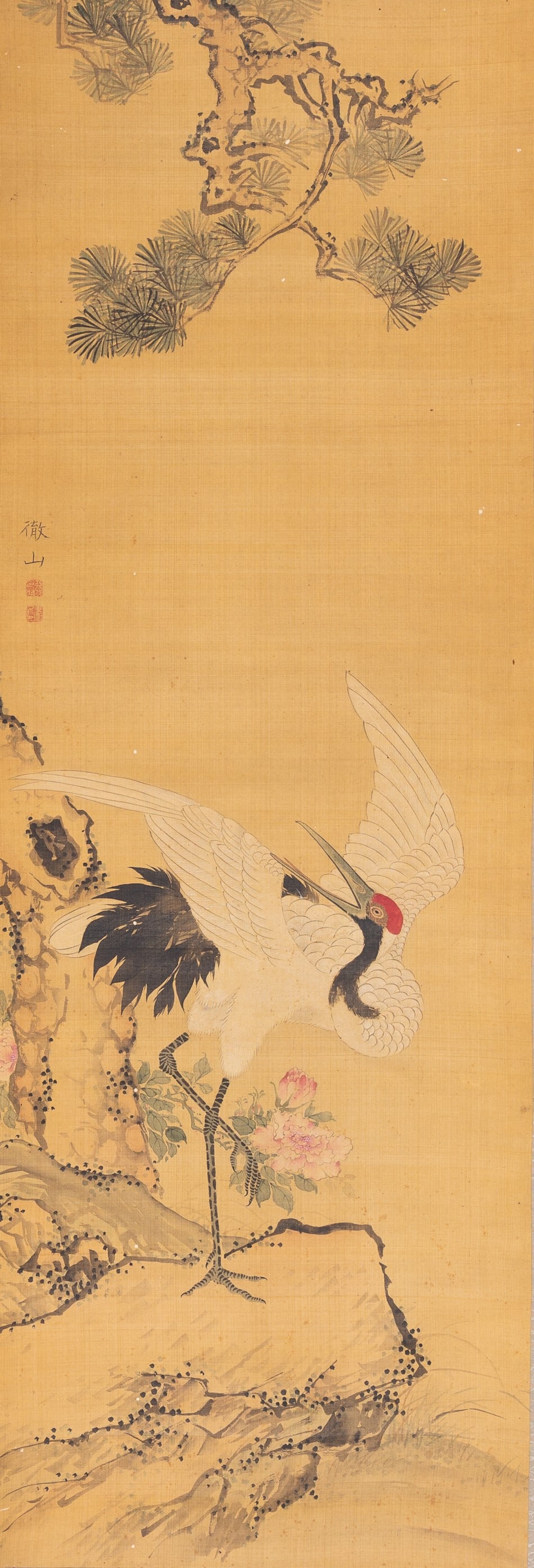 A SCROLL PAINTING OF A RED-CROWNED CRANE, AFTER MORI TETSUZAN: A SCROLL PAINTING OF A RED-CROWNED CRANE, AFTER MORI TETSUZAN Japan, Meiji period (1868-1912)Ink, watercolors, and gouache on silk. Mounted as a hanging scroll on a silk brocade frame with stag an