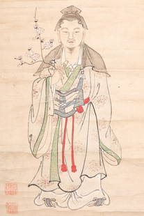 A SCROLL PAINTING OF TENJIN VISITING CHINA, AFTER MARUYAMA OKYO, c. 1900s: A SCROLL PAINTING OF TENJIN VISITING CHINA, AFTER MARUYAMA OKYO, c. 1900s Japan, late 19th to early 20th centuryInk, watercolors, and gouache on paper. Mounted as a hanging s