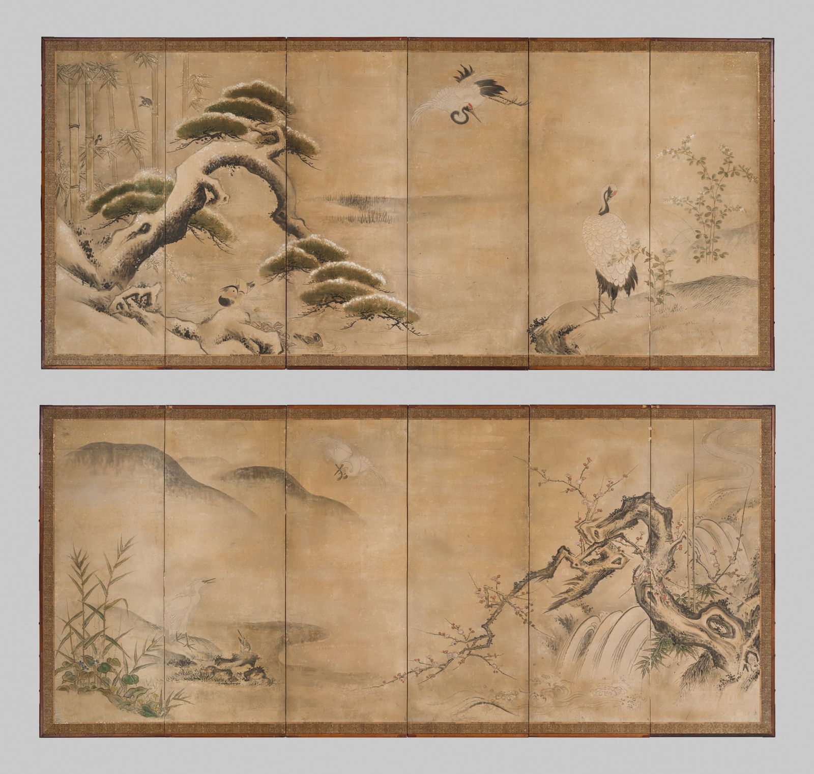 A PAIR OF KANO SCHOOL SIX-PANEL 'THREE FRIENDS OF WINTER' BYOBU SCREENS (1 of 15)
