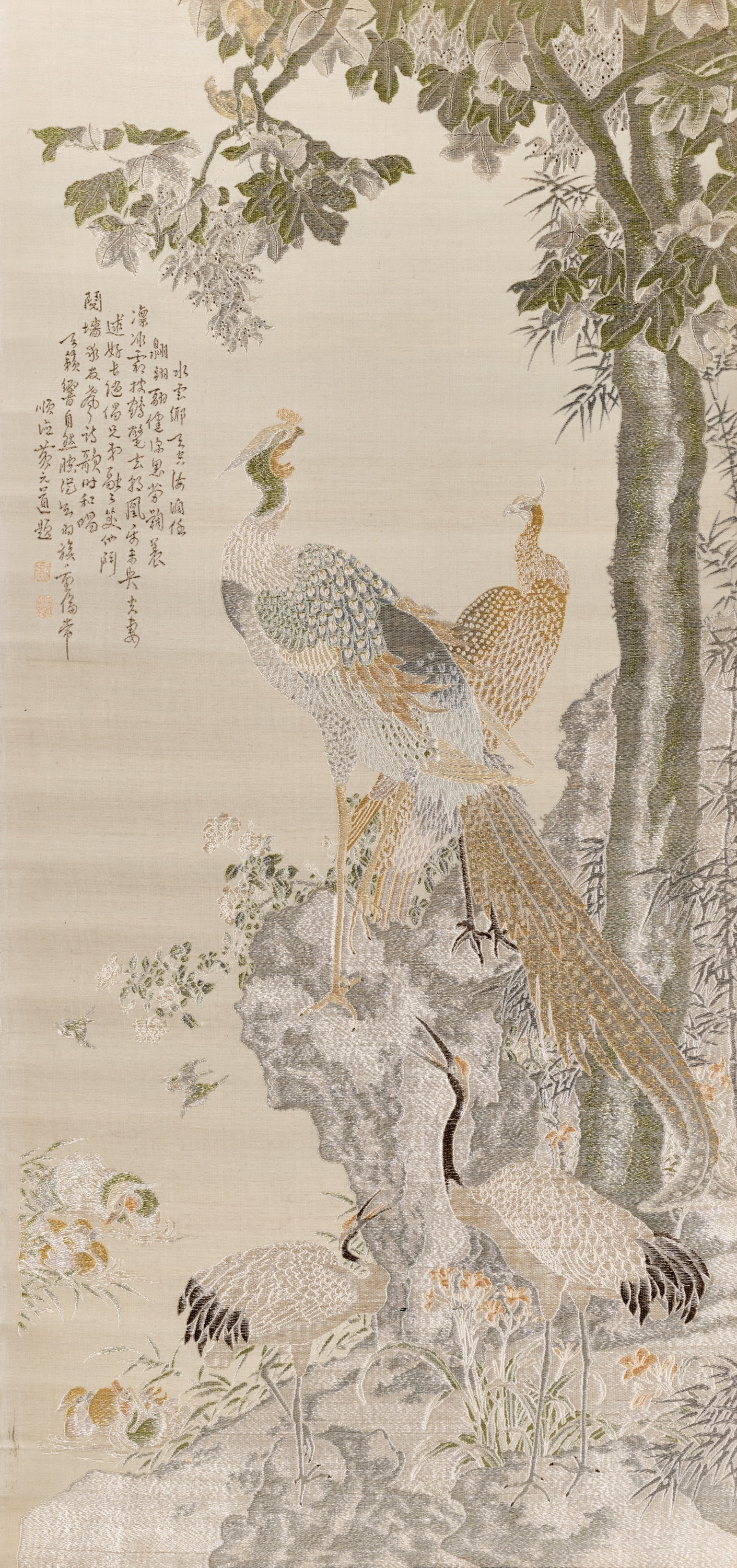 AN EMBROIDERED 'CRANES WORSHIPPING THE PHOENIX' SILK PANEL, 19TH CENTURY (1 of 10)