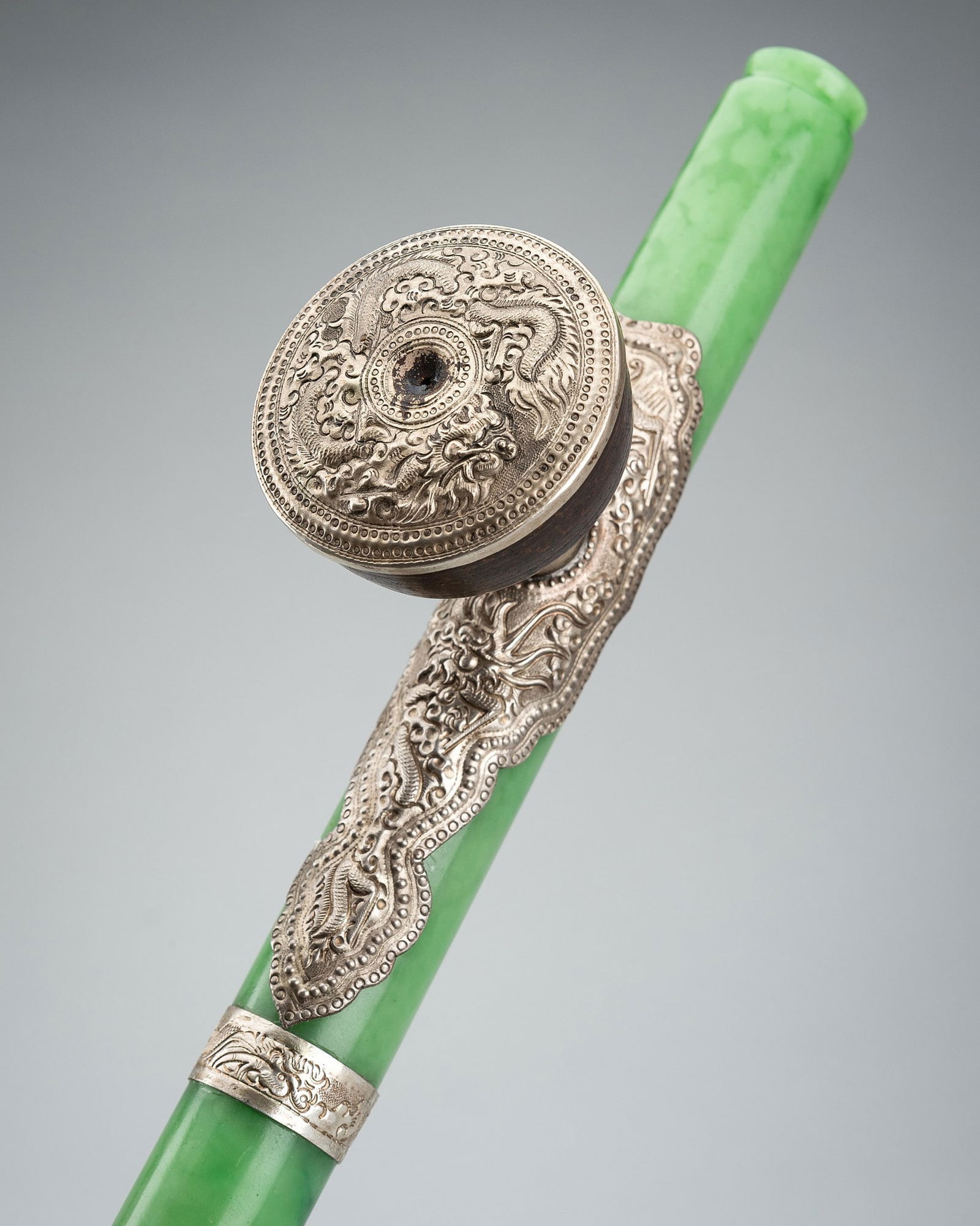 A GREEN JADEITE IMITATION GLASS OPIUM PIPE, DATED 1911 (1 of 11)