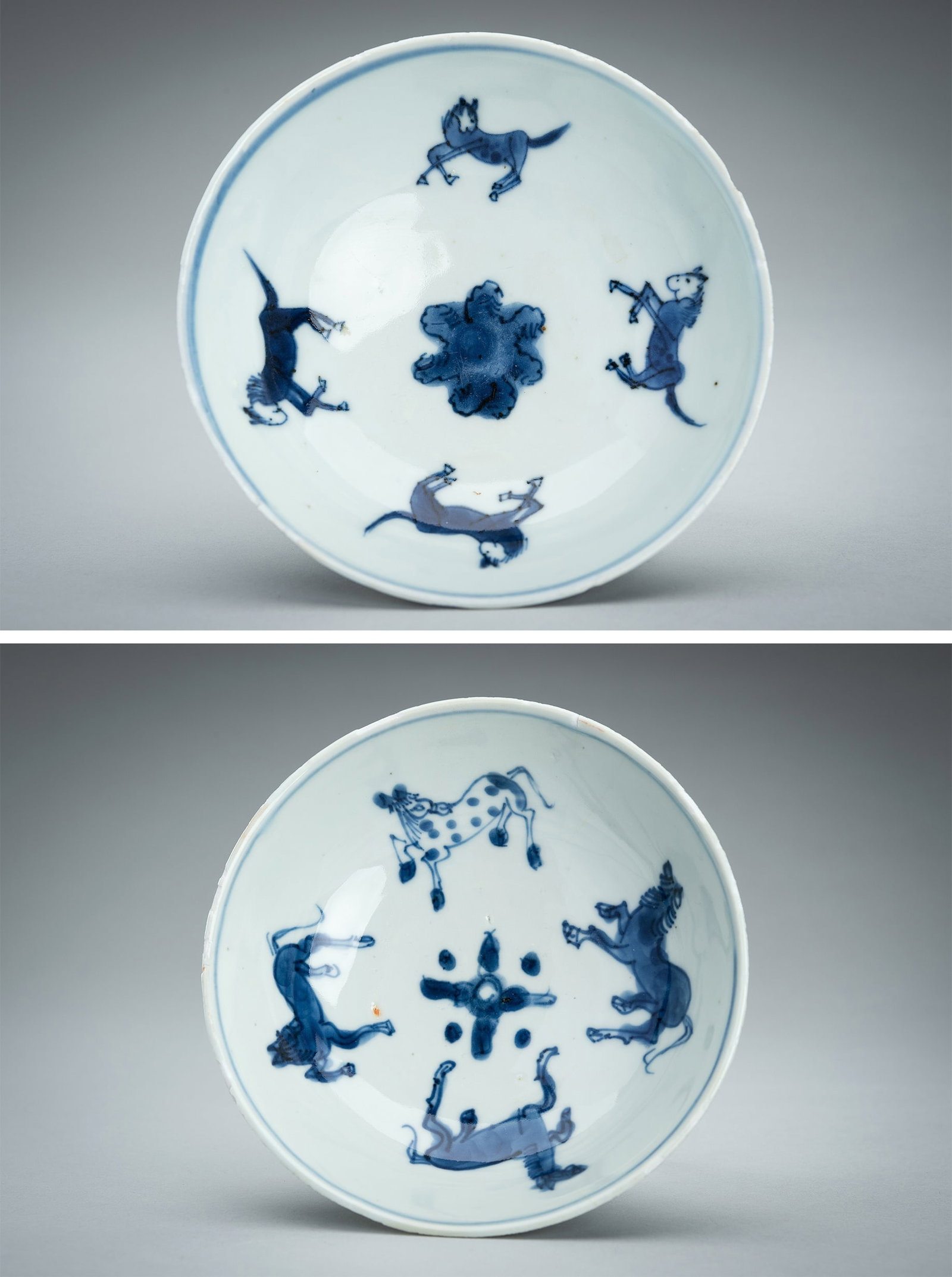 TWO BLUE AND WHITE 'FOUR HORSES' PORCELAIN BOWLS, 17TH CENTURY: TWO BLUE AND WHITE 'FOUR HORSES' PORCELAIN BOWLS, 17TH CENTURY China, late Ming dynasty (1368-1644) to early Qing dynasty (1644-1912). Each expressively painted in underglaze blue, the interior with f