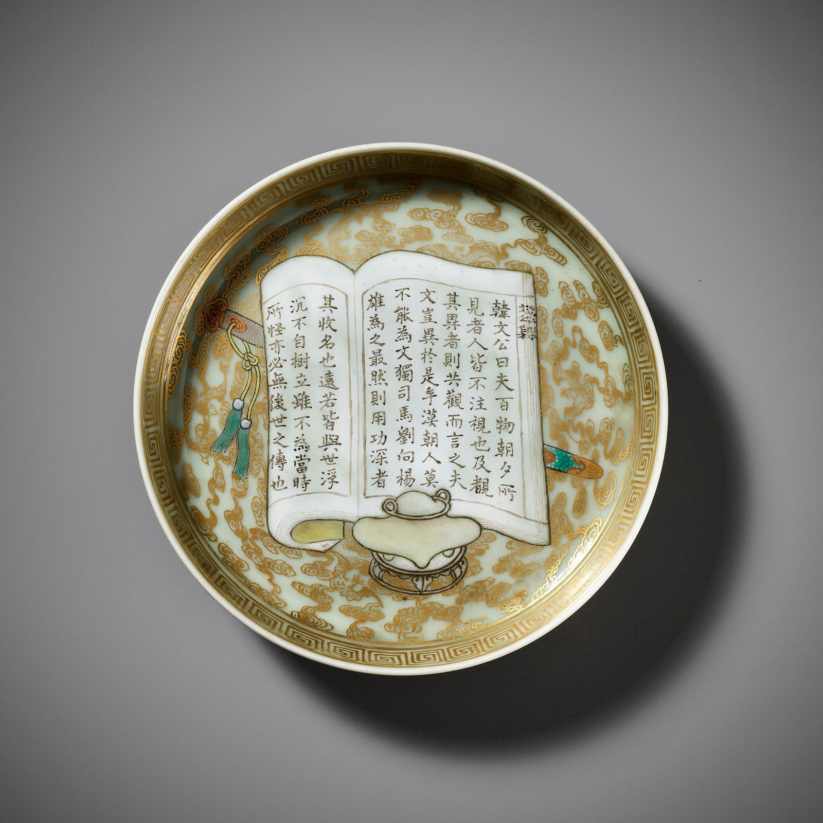 A CELADON-GLAZED POLYCHROME-ENAMELED AND GILT-DECORATED 'HAN YU' DISH, QIANLONG MARK (1 of 14)