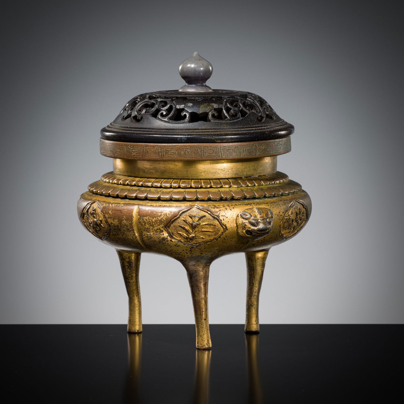 A GILT-BRONZE 'THREE FRIENDS OF WINTER' TRIPOD CENSER, SAWASA WARE, 17TH-18TH CENTURY (1 of 11)