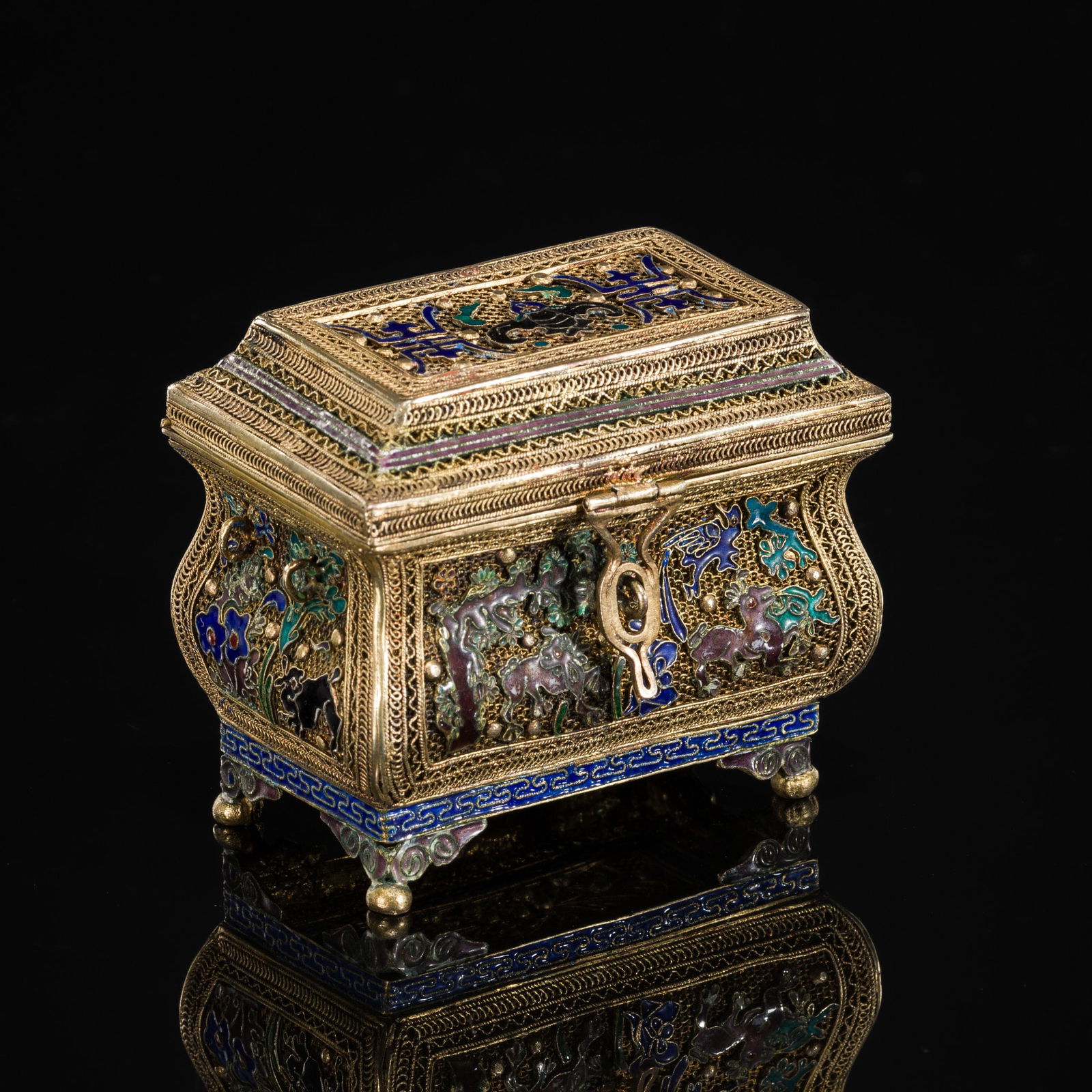 A GILT, SILVERED AND ENAMELED FILIGREE METAL BOX AND COVER, QING DYNASTY (1 of 11)