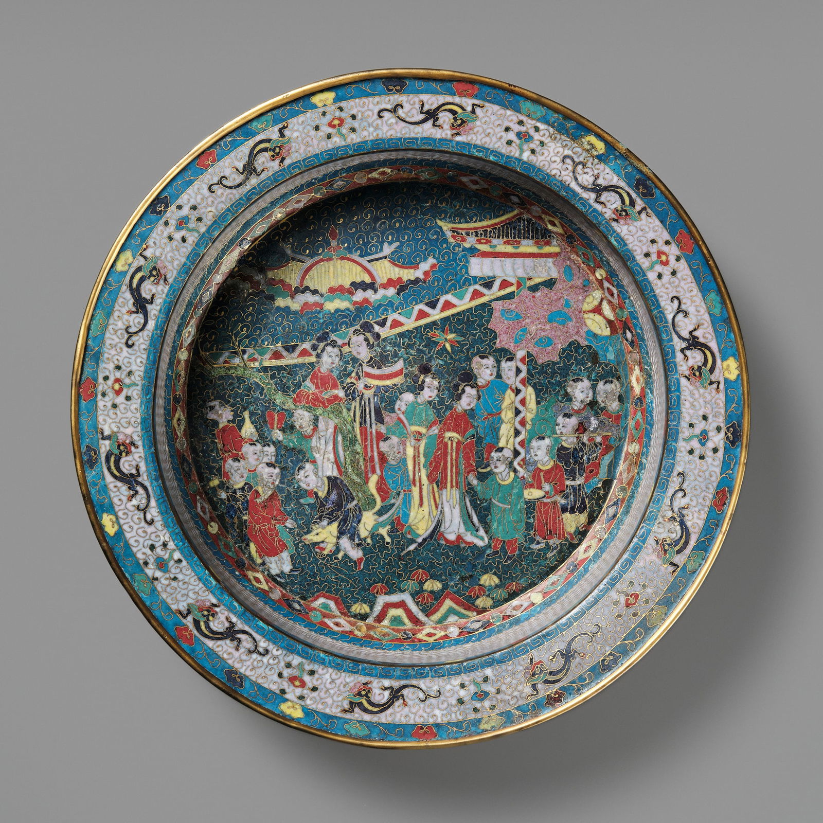 A LARGE 'SPRING FESTIVAL' CLOISONNE BASIN, LATE MING DYNASTY (1 of 13)