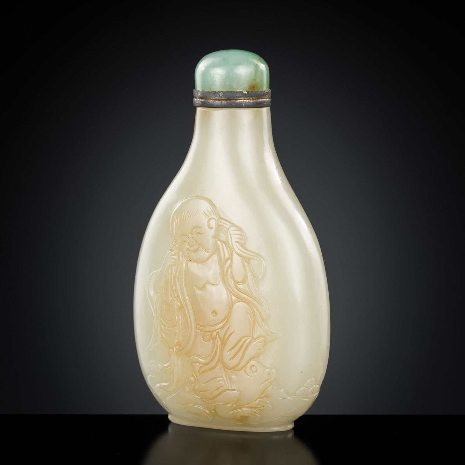 A PALE CELADON JADE 'LIU HAI AND TOAD' SNUFF BOTTLE, 18TH CENTURY (1 of 12)