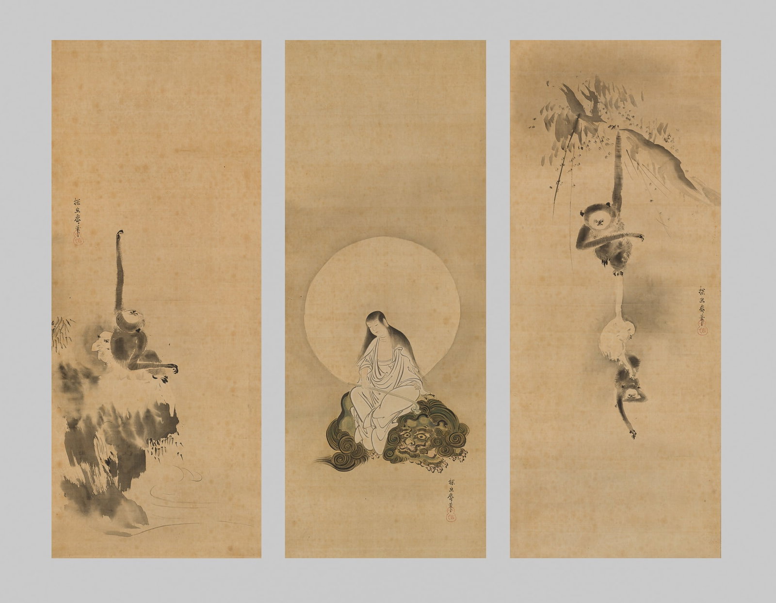 ATTRIBUTED TO KANO TAN'YU (1602-74): A SET OF THREE SCROLL PAINTINGS WITH MONKEYS AND MONJU BOSATSU: ATTRIBUTED TO KANO TAN'YU (1602-74): A SET OF THREE SCROLL PAINTINGS WITH MONKEYS AND MONJU BOSATSU Attributed to Kano Tan'yu (1602-74), each inscribed Tan'yusai hitsu and with seal Morinobu within a
