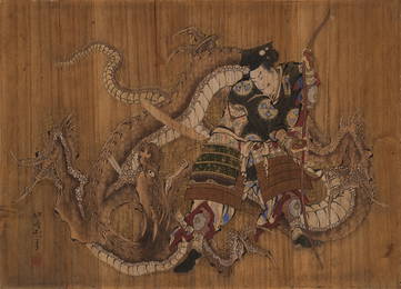 KATSUSHIKA HOKUSAI: AN IMPORTANT AND EXCEPTIONALLY RARE VOTIVE PLAQUE (EMA) OF MINAMOTO NO
