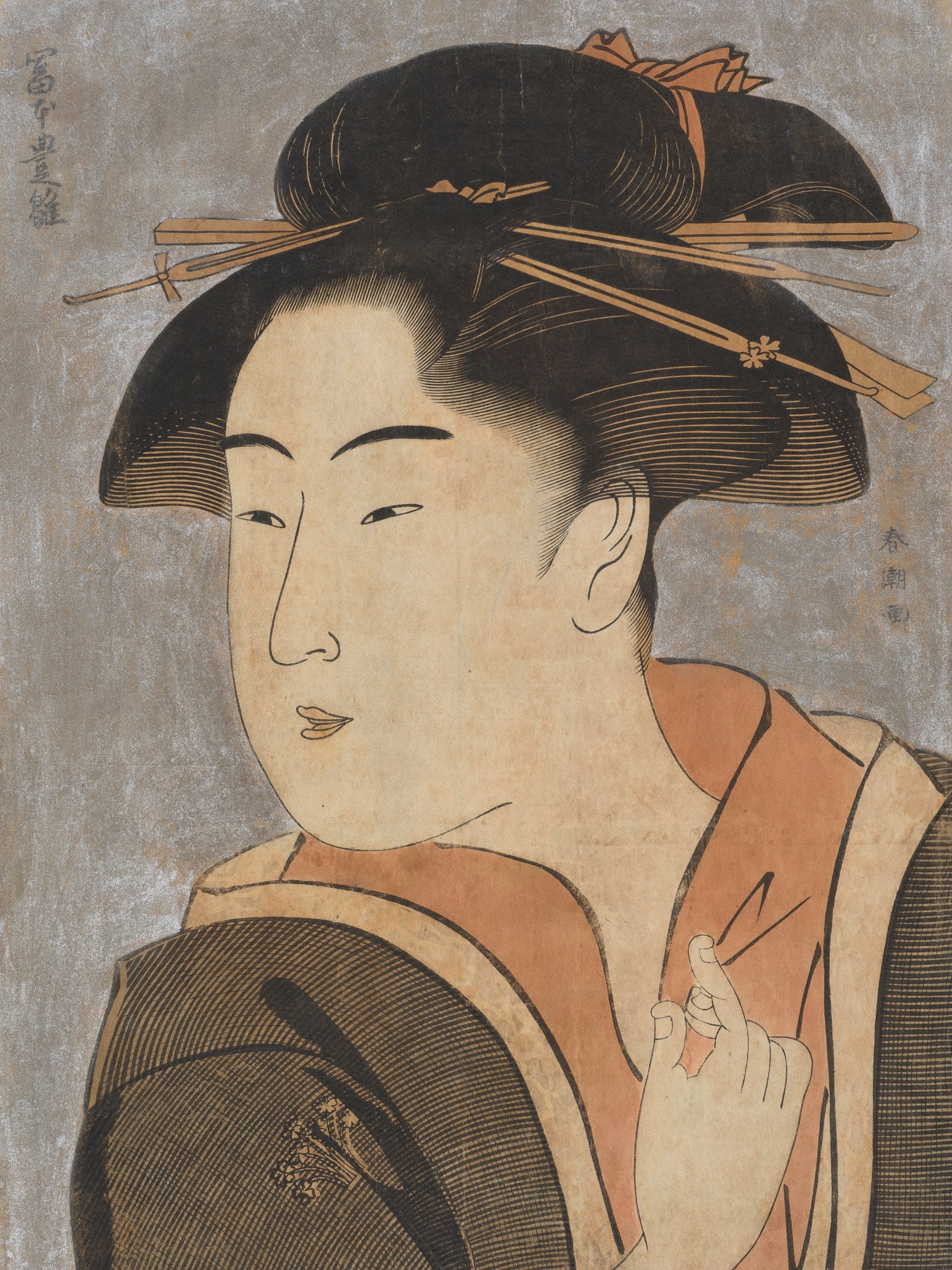 KATSUKAWA SHUNCHO: TOMIMOTO TOYOHINA: KATSUKAWA SHUNCHO: TOMIMOTO TOYOHINA By Katsukawa Shuncho (active c. 1780-1795), signed Shuncho gaJapan, late 18th century, Edo period (1615-1868)Color woodblock print on paper with mica dust backgr