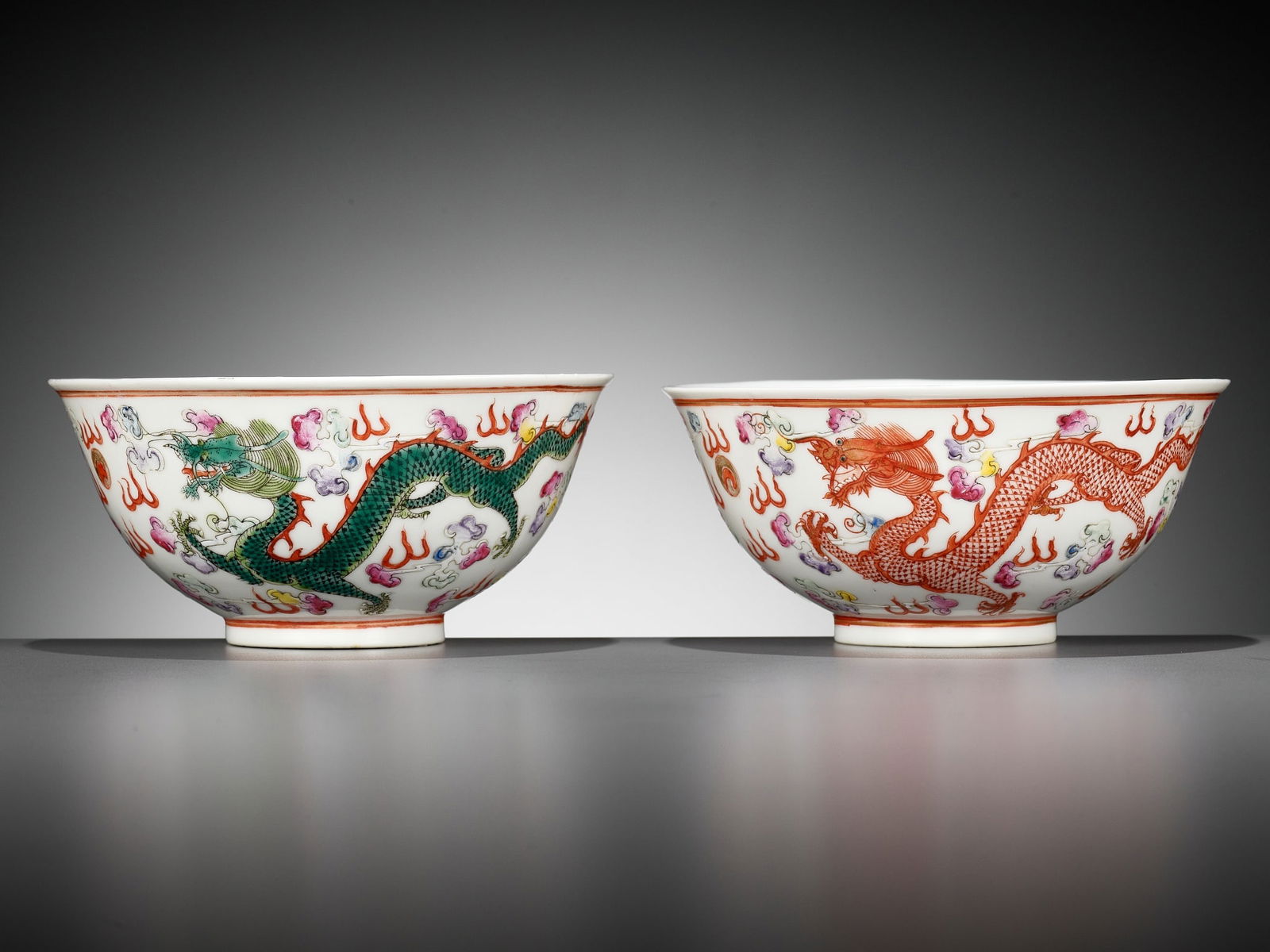 A PAIR OF FAMILLE ROSE 'DRAGON' BOWLS, SIX-CHARACTER XUANTONG MARKS AND PERIOD (1 of 20)