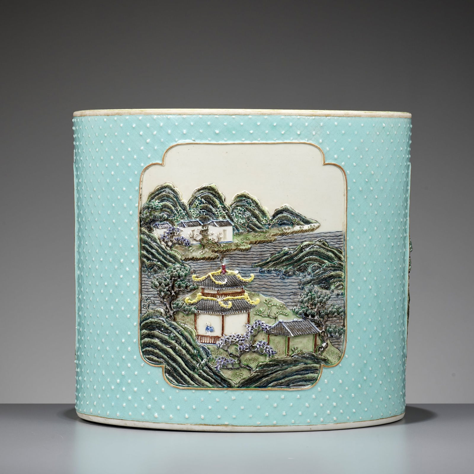 AN ELABORATELY MOLDED AND RETICULATED FAMILLE ROSE BRUSHPOT, BITONG, REPUBLIC PERIOD (1 of 11)