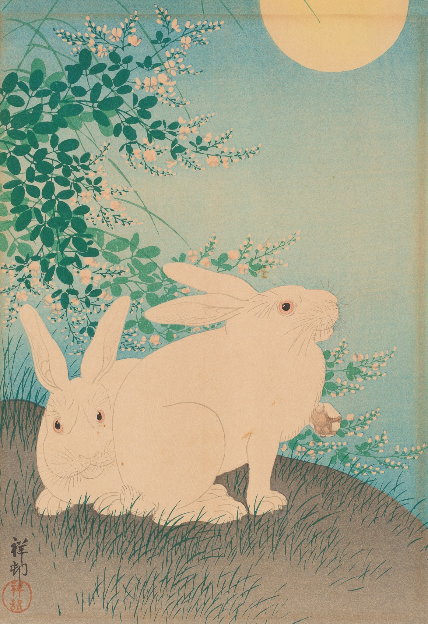 OHARA KOSON: TWO RABBITS WITH FLOWERING BUSH COVER UNDER A FULL MOON (1 of 6)