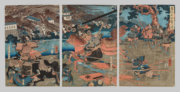UTAGAWA YOSHITORA: A TRYPTICH DEPICTING THE GREAT BATTLE OF OSHU: UTAGAWA YOSHITORA: A TRYPTICH DEPICTING THE GREAT BATTLE OF OSHU By Utagawa Yoshitora (active circa 1836-1887), signed Ichimosai Yoshitora Japan, 19th centuryColor woodblock prints on paper. Oban tr