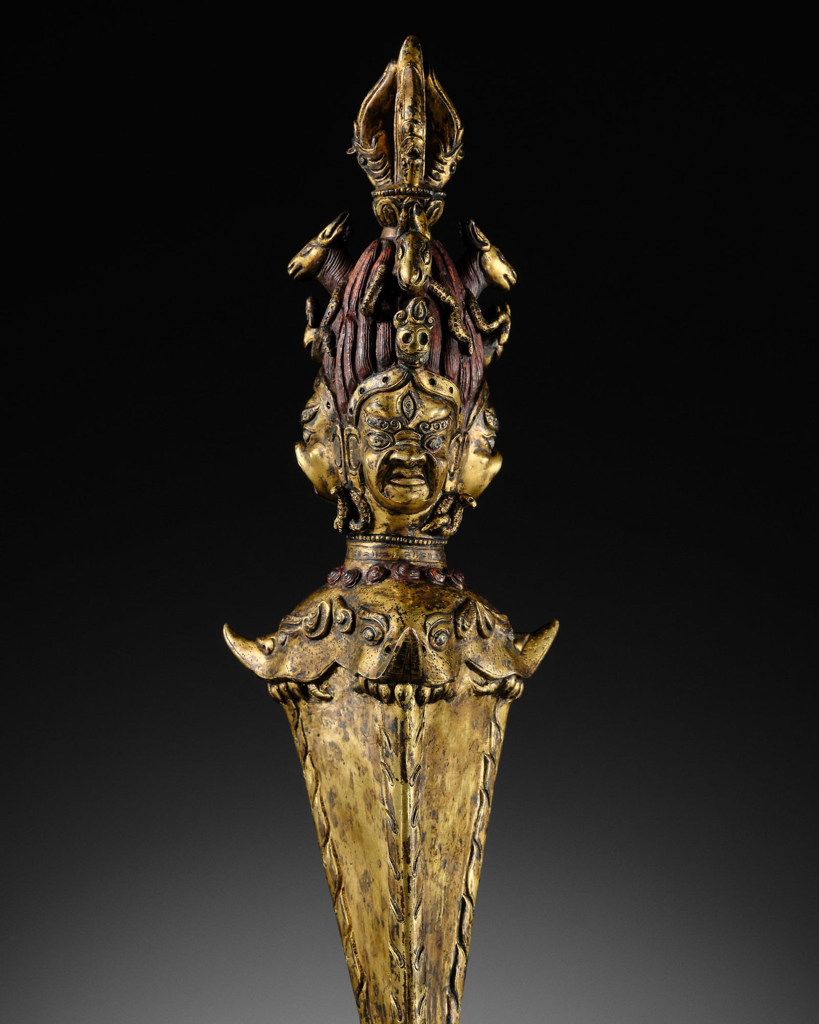 A LARGE GILT COPPER-ALLOY 'HAYAGRIVA' PHURBU AND BASE (1 of 13)