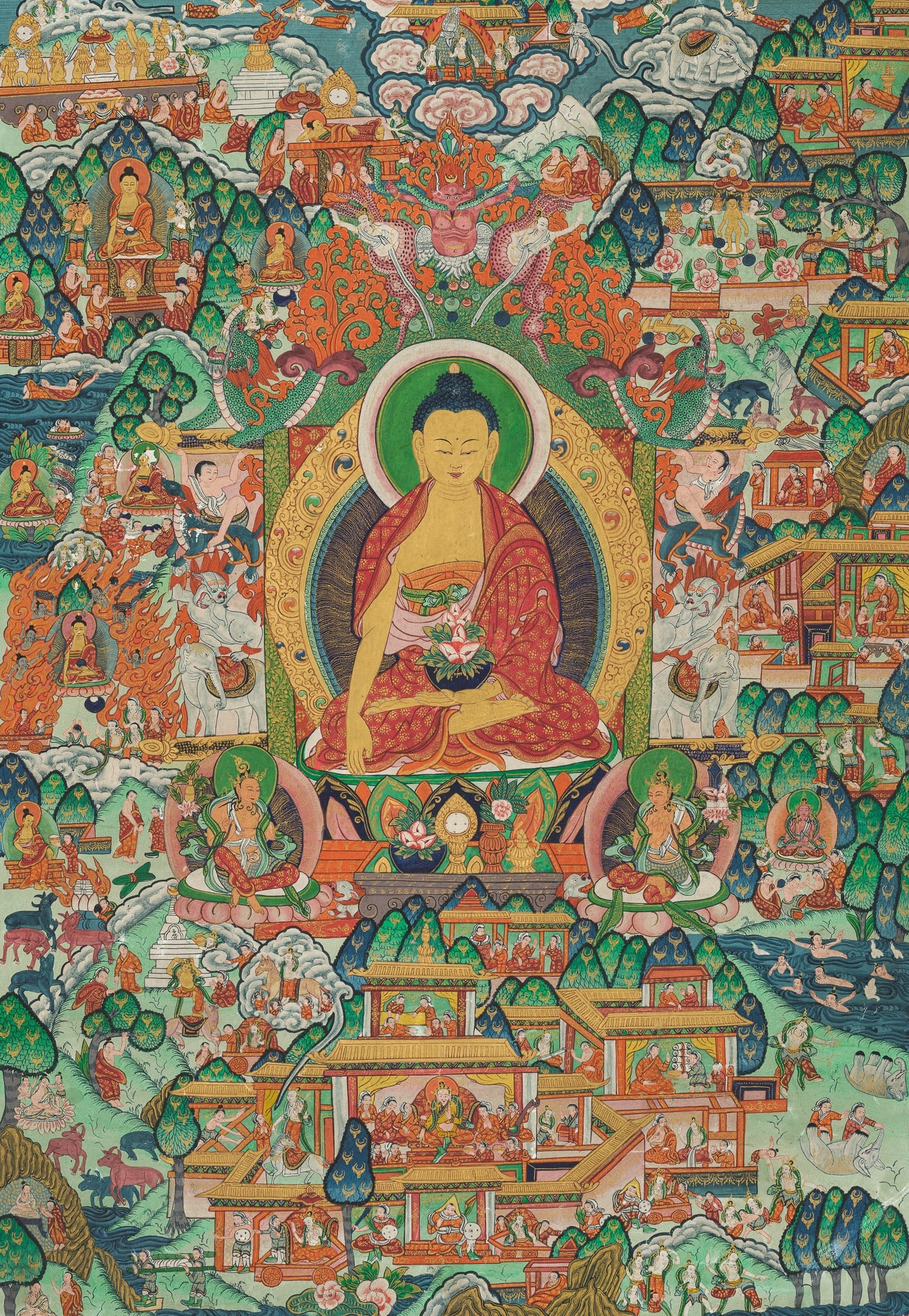 A THANGKA OF BUDDHA SHAKYAMUNI AND CLASSIC TEACHING STORIES, AVADANA, 19TH CENTURY: A THANGKA OF BUDDHA SHAKYAMUNI AND CLASSIC TEACHING STORIES, AVADANA, 19TH CENTURY Tibet. Distemper and gilt on cloth. The thangka centered by Buddha Shakyamuni, his skin highlighted in gold, dressed 