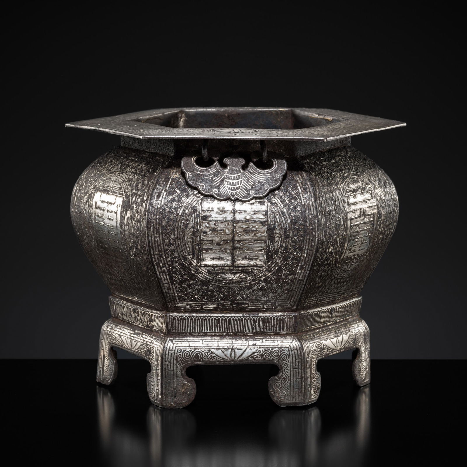 A SILVER-INLAID IRON INCENSE BURNER, 19TH CENTURY (1 of 11)
