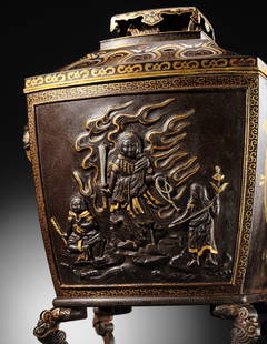 MYOCHIN MUNENORI: A VERY RARE AND MASSIVE SILVER AND GOLD-INLAID IRON KORO (INCENSE BURNER): MYOCHIN MUNENORI: A VERY RARE AND MASSIVE SILVER AND GOLD-INLAID IRON KORO (INCENSE BURNER) By Myochin Munenori, signed Myochin ki Munenori Japan, late 18th to early 19th century, Edo period (1615-18