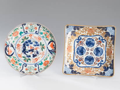 A LOT WITH TWO IMARI PORCELAIN DISHES: A LOT WITH TWO IMARI PORCELAIN DISHES Japan, 19th centuryComprising a square dish and a circular lobed dish, each painted in iron-red, green, and gold on underglaze blue, depicting blossoming