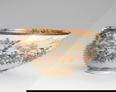 OGURUSU: A FINE SATSUMA PORCELAIN BOWL WITH A DAYMIO PROCESSION AND CHRYSANTHEMUMS: OGURUSU: A FINE SATSUMA PORCELAIN BOWL WITH A DAYMIO PROCESSION AND CHRYSANTHEMUMS By Ogurusu Shoten, signed 'made by Ogurusu' 小栗栖Japan, Meiji period (1868-1912)Well pott