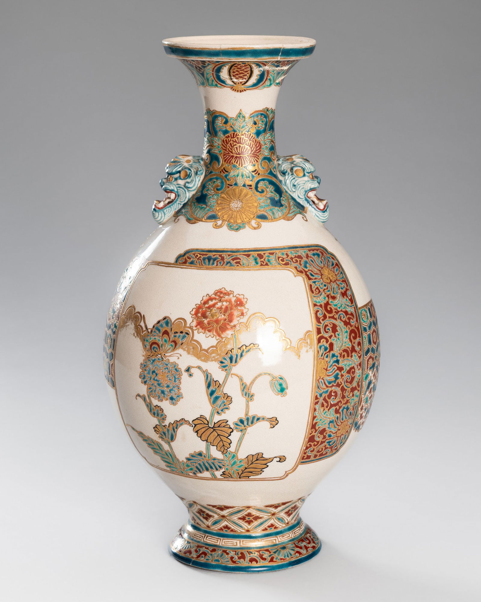 TAKATSU: A SIGNED SATSUMA EARTHENWARE VASE WITH CHRYSANTEMUMS AND PEONIES (1 of 13)