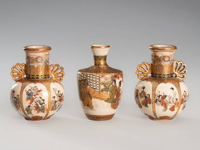 A GROUP OF THREE MINIATURE SATSUMA PORCELAIN VASES: A GROUP OF THREE MINIATURE SATSUMA PORCELAIN VASES Japan, Meiji period (1868-1912)One of baluster form, finely painted to the body with a group of geishas playing with a blindfolded samurai. The other