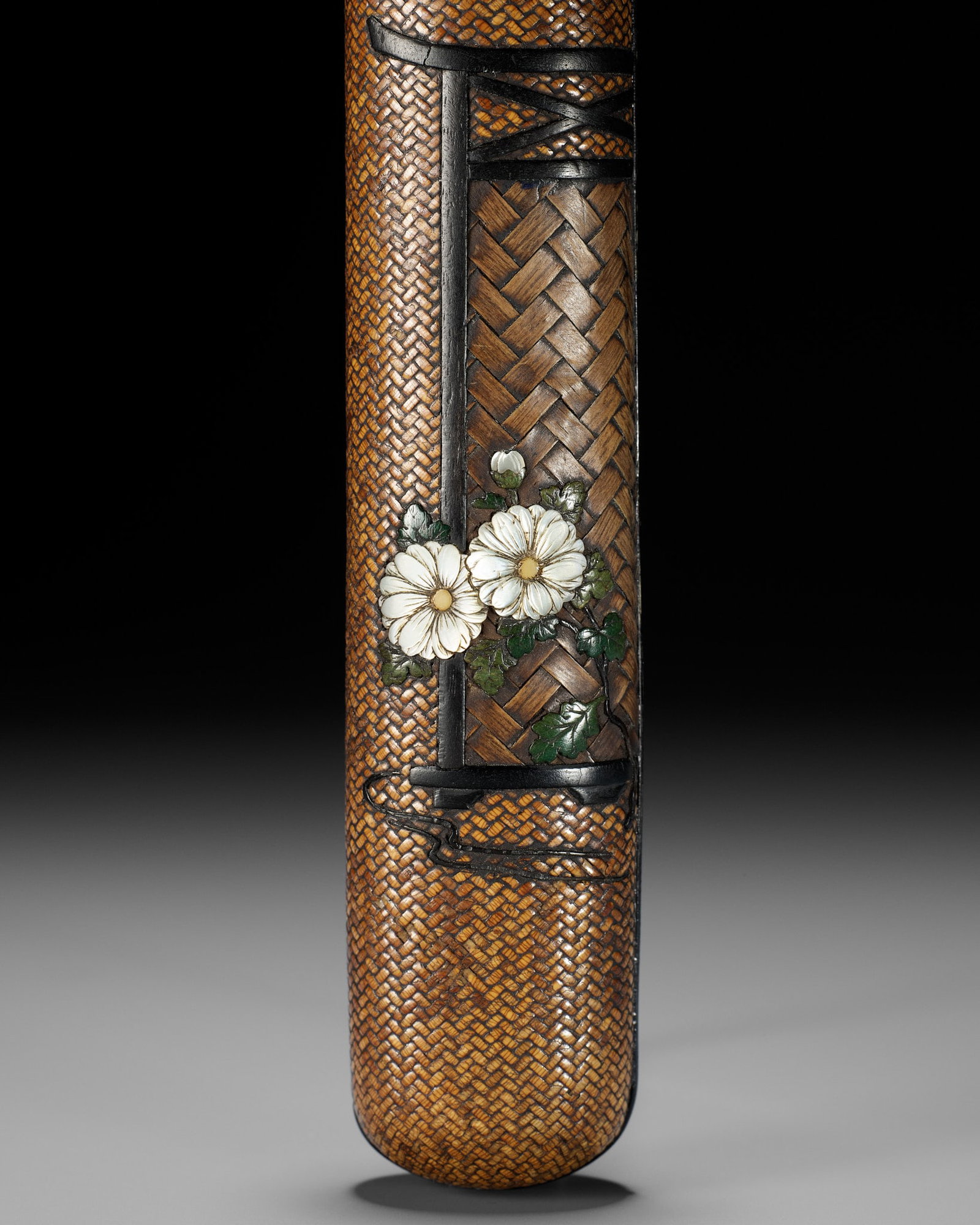 ISSHU: A FINE INLAID WOVEN RATTAN KISERUZUTSU WITH KIKU (CHRYSANTHEMUM) FLOWERS AND A TABLE SCREEN: ISSHU: A FINE INLAID WOVEN RATTAN KISERUZUTSU WITH KIKU (CHRYSANTHEMUM) FLOWERS AND A TABLE SCREEN By Tanaka Isshu, signed Isshu 一秋Japan, late 19th century, Meiji period (1868-1912)Of
