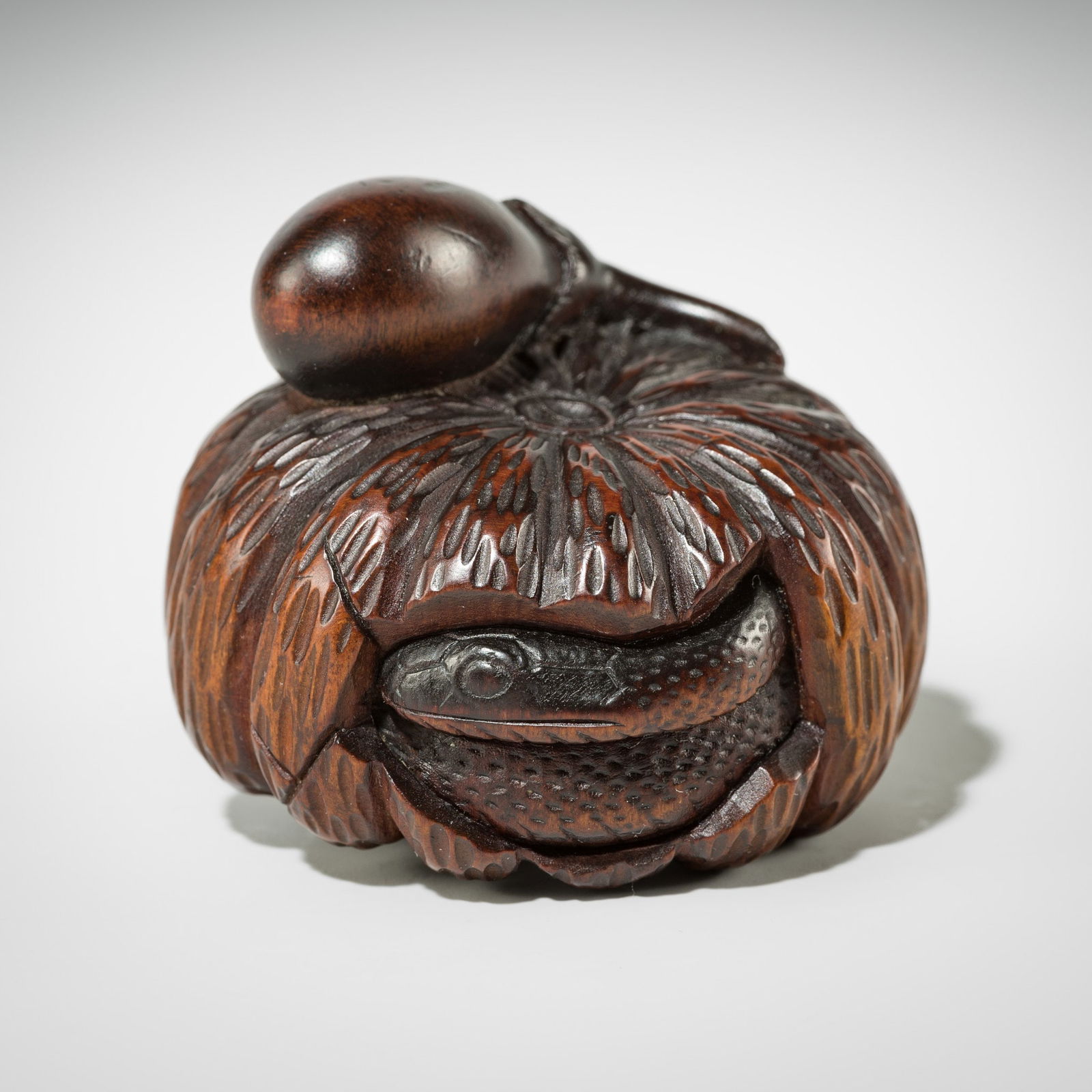 SHIGEMASA: A FINE WOOD NETSUKE OF A PUMPKIN WITH A SNAKE AND NASUBI (EGGPLANT) (1 of 10)