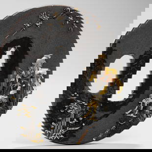 YOSHINOBU: A FINE SHAKUDO TSUBA WITH GENTOKU, KAN'U, AND CHOHI SWEARING ALLEGIANCE TO EACH OTHER: YOSHINOBU: A FINE SHAKUDO TSUBA WITH GENTOKU, KAN'U, AND CHOHI SWEARING ALLEGIANCE TO EACH OTHER By Yoshinobu (Bishin), signed Shinko YoshinobuJapan, c. 1800s, Edo period (1615-1868)The tsuba features