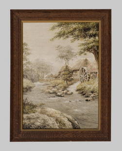 A SILK-EMBROIDERED PANEL OF A RURAL LANDSCAPE: A SILK-EMBROIDERED PANEL OF A RURAL LANDSCAPE Japan, Meiji period (1868-1912)Worked in silk and cotton threads on a fine silk ground. Mounted on board with a silk brocade backing and framed behind gla