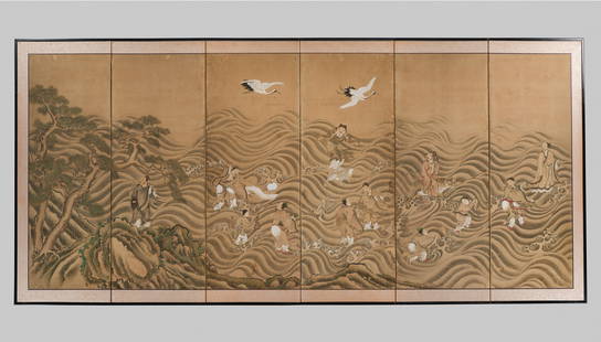A KANO SCHOOL SIX-PANEL BYOBU (FOLDING SCREEN) DEPICTING IMMORTALS RIDING WAVES: A KANO SCHOOL SIX-PANEL BYOBU (FOLDING SCREEN) DEPICTING IMMORTALS RIDING WAVES Japan, 18th-19th century, Edo period (1615-1868)Ink and watercolors on paper. Mounted on six lacquered wood panel