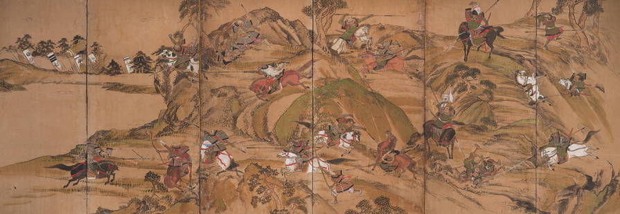 A SIX-PANEL BYOBU (FOLDING SCREEN) DEPICTING A SCENE FROM THE BATTLE OF SHIZUGATAKE: A SIX-PANEL BYOBU (FOLDING SCREEN) DEPICTING A SCENE FROM THE BATTLE OF SHIZUGATAKE Japan, 18th-19th century, Edo period (1615-1868) Ink and watercolors on paper. Mounted on silk brocade on six roiro