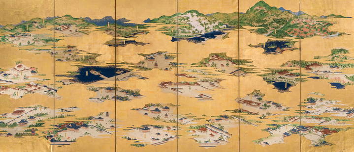 A TOSA SCHOOL SIX-PANEL BYOBU (FOLDING SCREEN) DEPICTING SCENES IN KYOTO: A TOSA SCHOOL SIX-PANEL BYOBU (FOLDING SCREEN) DEPICTING SCENES IN KYOTO Japan, first half of the 19th century, late Edo period (1615-1868)Ink, watercolors, and gold leaf on paper. Mounted on a silk b