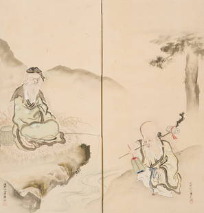KAMO SENKEN: A TWO-PANEL BYOBU SCREEN DEPICTING TAIKOBO AND JUROJIN: KAMO SENKEN: A TWO-PANEL BYOBU SCREEN DEPICTING TAIKOBO AND JUROJIN Kamo Senken (active c. 1800), signed Jushi-I ue Senken ga with sealJapan, 19th century, Edo period (1615-1868)Ink, watercolors, go