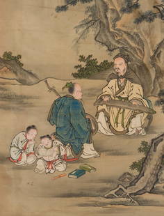 KANO TANGEN (1829-1866): 'SCHOLARS PLAYING MUSICAL INSTRUMENTS': KANO TANGEN (1829-1866): 'SCHOLARS PLAYING MUSICAL INSTRUMENTS' Japan, 19th century. Ink, watercolors, and gouache on silk. Set inside a frame, behind glass. Depicting two seated scholars leisurely pl