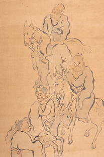 A SCROLL PAINTING OF DEITIES RIDING ANTLERS, c. 1900s: A SCROLL PAINTING OF DEITIES RIDING ANTLERS, c. 1900s Japan, late 19th to early 20th centuryInk and watercolors on paper. Mounted as a hanging scroll on a silk brocade frame with wo