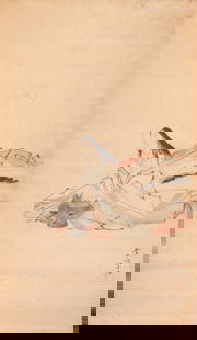 A SCROLL PAINTING OF A BIJIN READING A BOOK, AFTER KANO TSUNENOBU, c. 1900s: A SCROLL PAINTING OF A BIJIN READING A BOOK, AFTER KANO TSUNENOBU, c. 1900s Japan, late 19th to early 20th centuryInk and watercolors on paper. Mounted as a hanging scroll on a silk