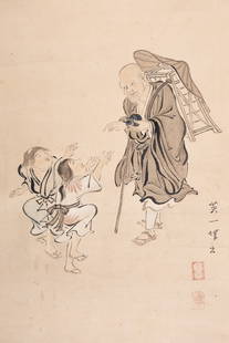A SCROLL PAINTING OF A MONK AND CHILDREN, AFTER HANABUSA ITCHO, c. 1900s: A SCROLL PAINTING OF A MONK AND CHILDREN, AFTER HANABUSA ITCHO, c. 1900s After Hanabusa Itcho (1652-1724)Japan, late 19th to early 20th centuryInk, watercolors, and gouache on paper. Mounted as a hang