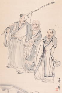 A SCROLL PAINTING OF THE THREE LAUGHERS OF THE TIGER RAVINE, AFTER NAGASAWA ROSETSU, c. 1920s: A SCROLL PAINTING OF THE THREE LAUGHERS OF THE TIGER RAVINE, AFTER NAGASAWA ROSETSU, c. 1920s Japan, late 19th to early 20th centuryInk and watercolors on paper. Mounted as a hangin