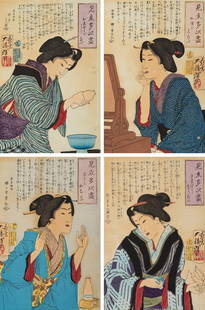 TSUKIOKA YOSHITOSHI: A GROUP OF FOUR WOODBLOCK PRINTS FROM THE SERIES 'A COLLECTION OF DESIRES': TSUKIOKA YOSHITOSHI: A GROUP OF FOUR WOODBLOCK PRINTS FROM THE SERIES 'A COLLECTION OF DESIRES' By Tsukioka Yoshitoshi (1839-1892), signed oju Taiso Yoshitoshi with seal TaisoJapan, Meiji period (1868