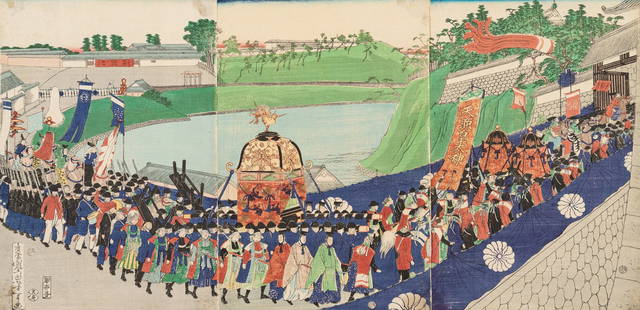 TSUKIOKA YOSHITOSHI: TRIPTYCH OF THE MEIJI EMPEROR ENTERING THE EDO CASTLE: TSUKIOKA YOSHITOSHI: TRIPTYCH OF THE MEIJI EMPEROR ENTERING THE EDO CASTLE By Tsukioka Yoshitoshi (1839-1892), signed Oju Kaisai Yoshitoshi gaJapan, 19th centuryColor woodblock prints on paper. Oban t